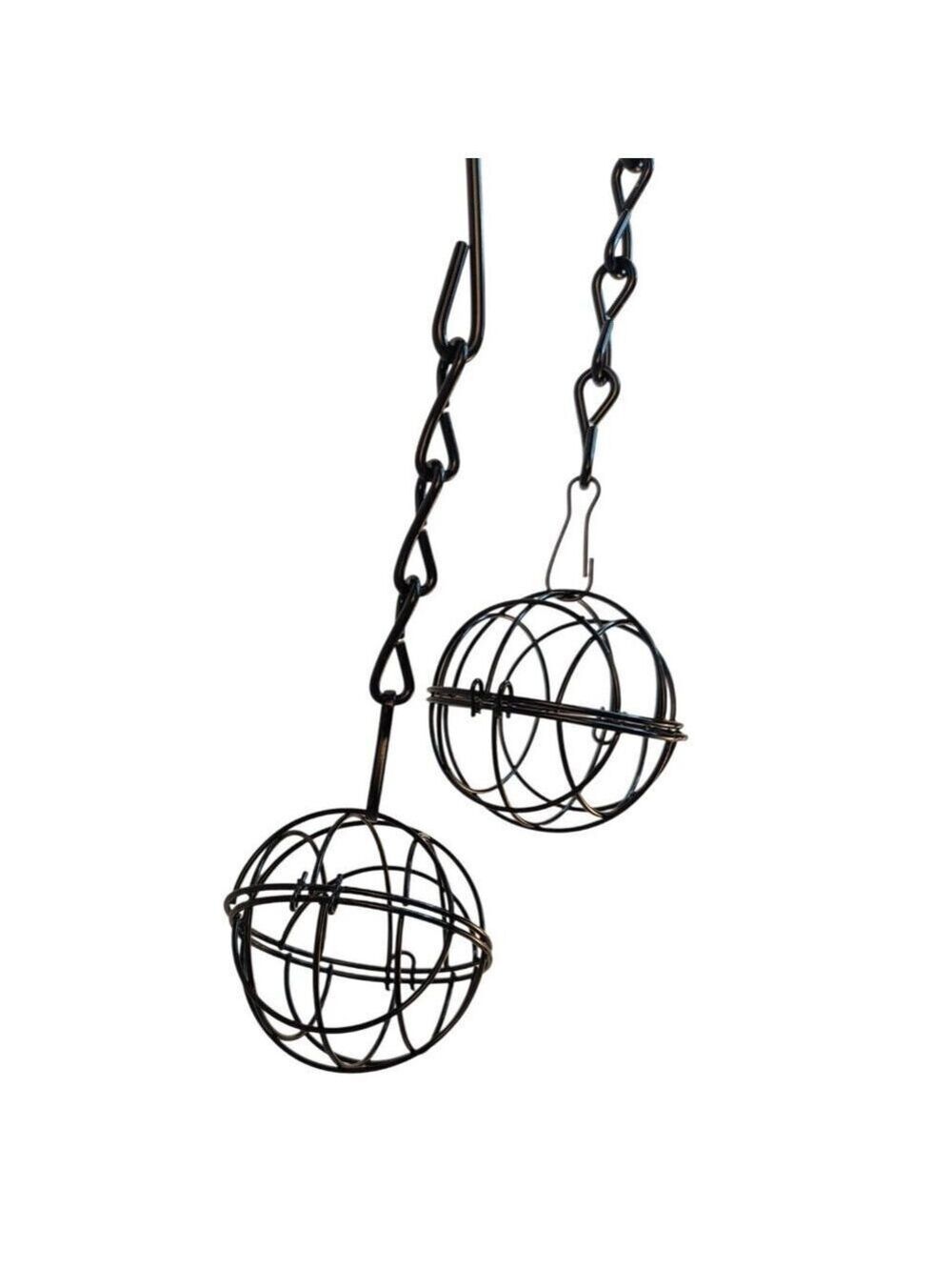 Black Metal Hanging Sphere Plant Holders Bird Feeders Set of 2